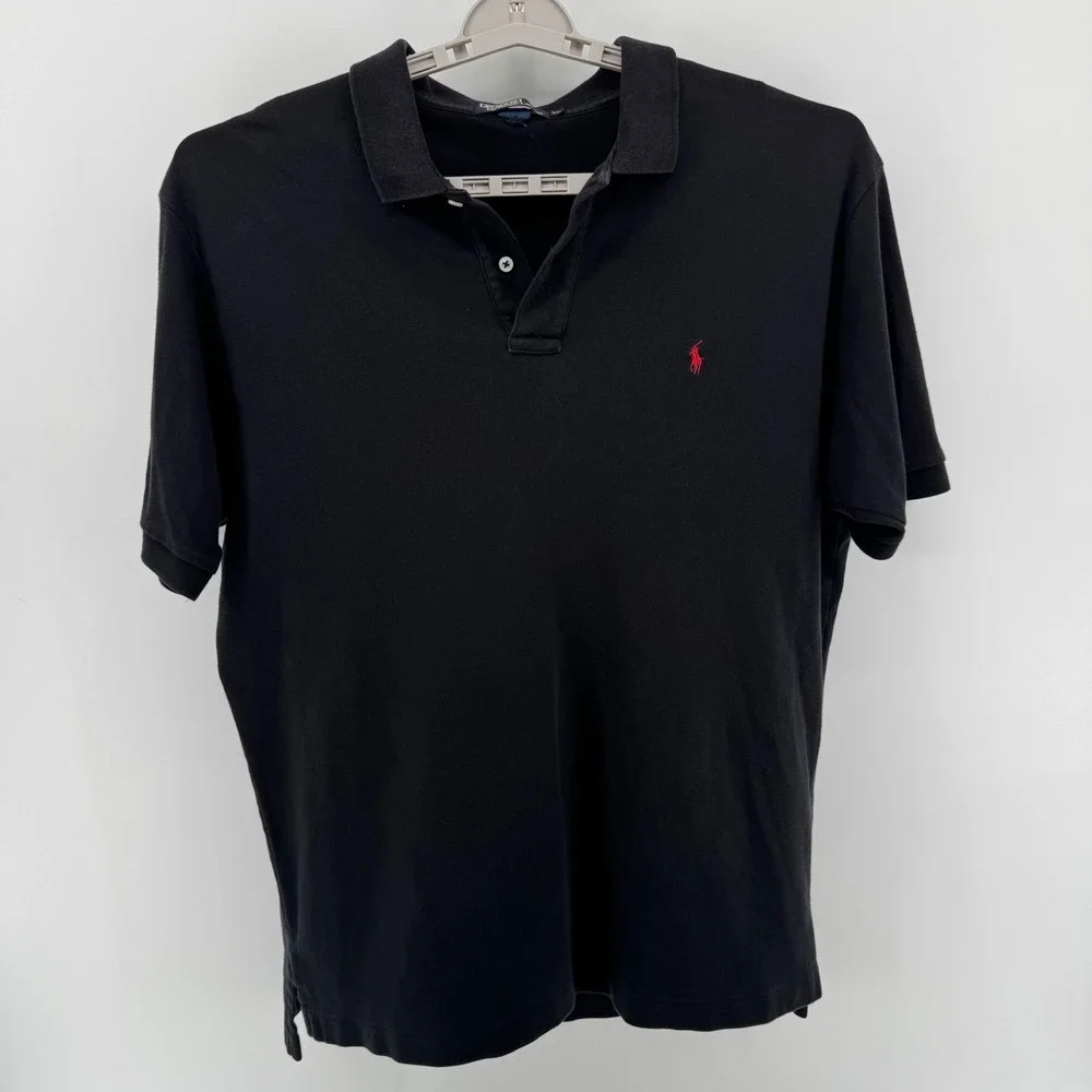 VTG Polo Ralph Lauren Mens XL Black Short Sleeve Polo Shirt Red Pony Logo Cotton